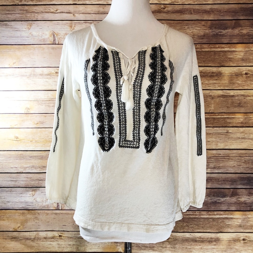 Joie Cream & Black Embroidered Peasant Blouse Top